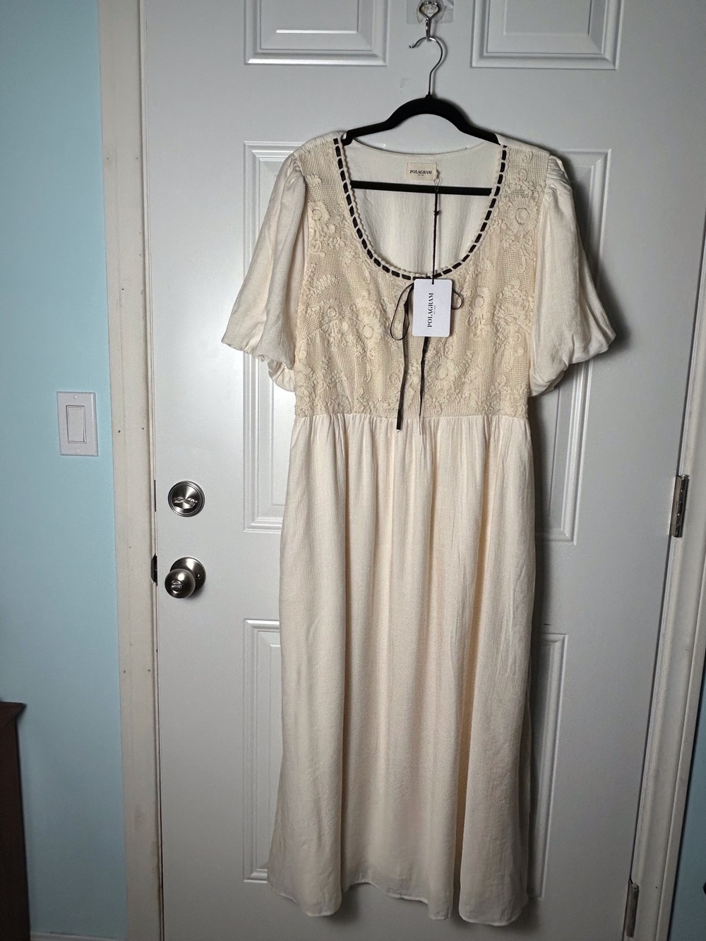 NWT Pologram Cream/Ivory Mesh Crochet Floral -Detail Midi Dress XL Black Ribbon